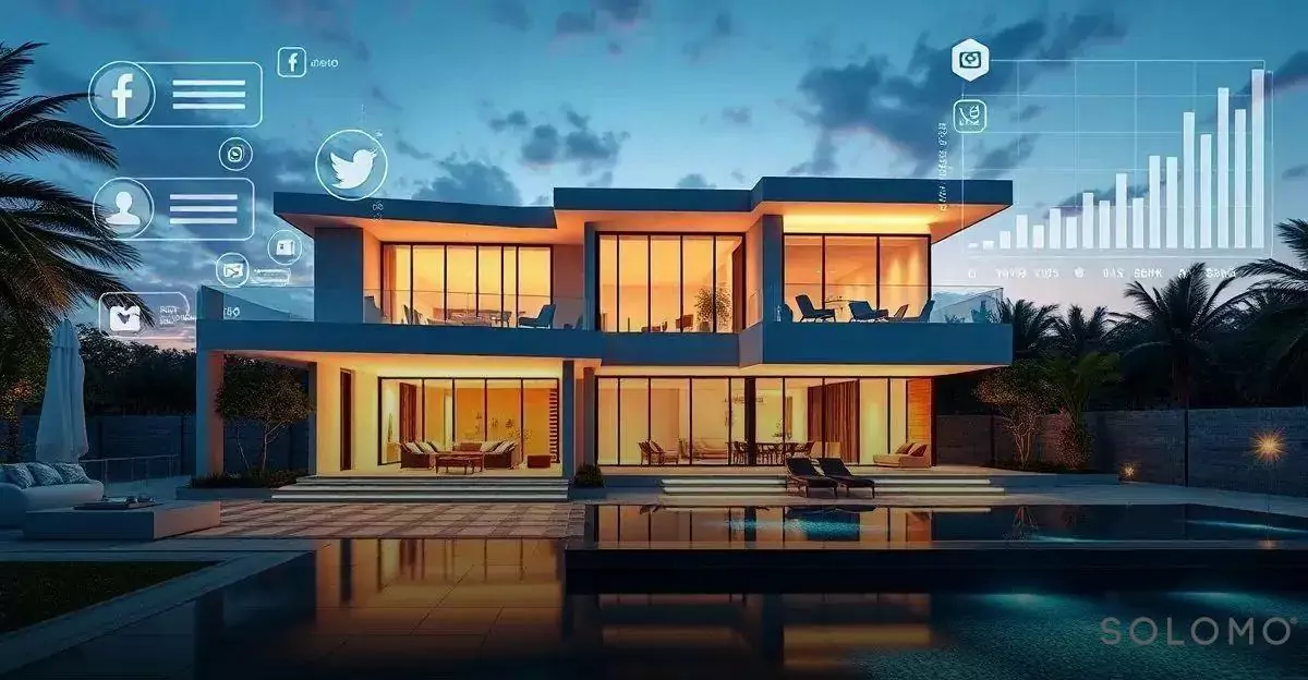 Casa moderna com iluminação noturna e elementos de análise de dados